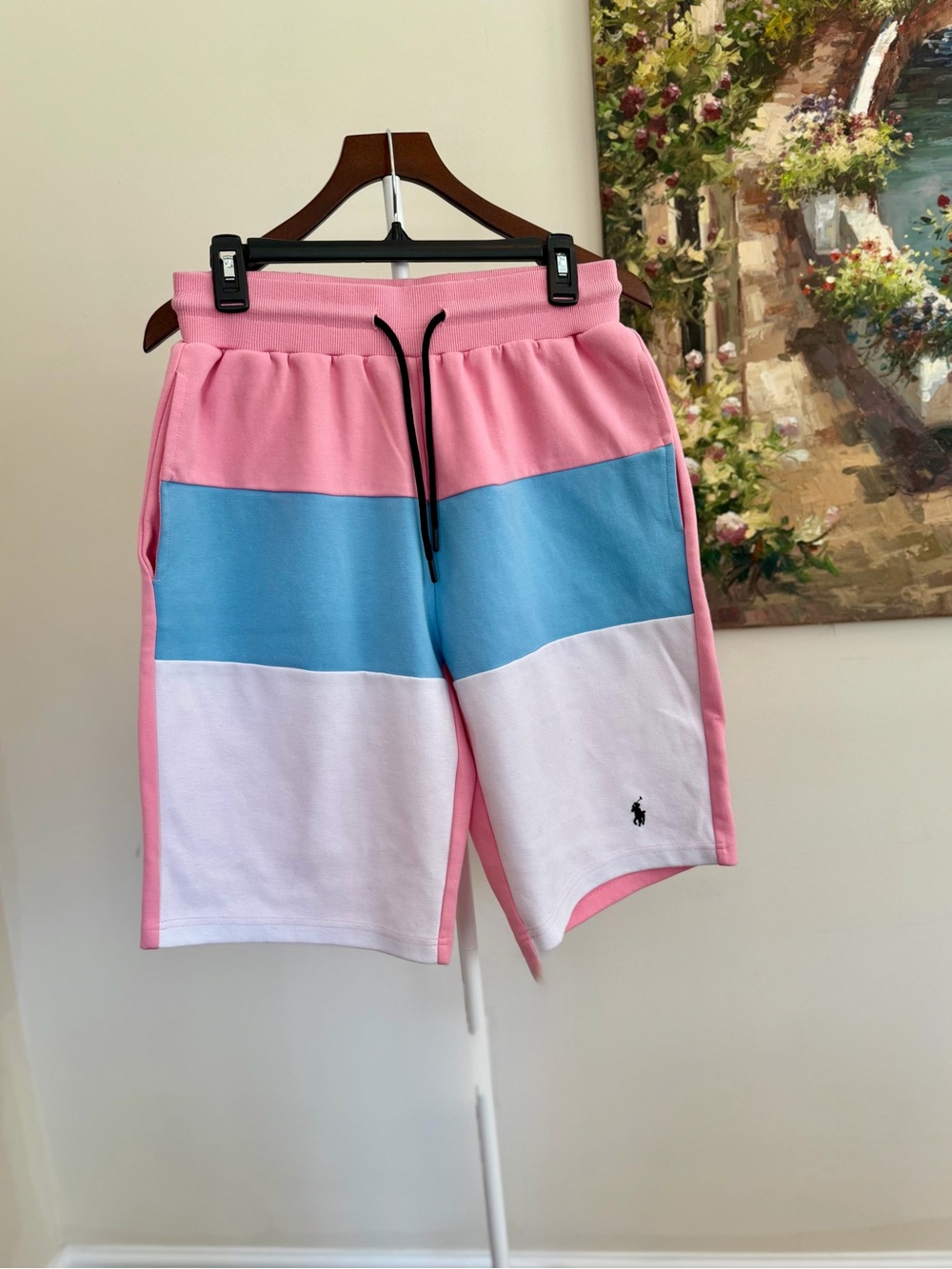 Polo Ralph Lauren Fleece Color Block Men’s Knit Shorts Large Pink Blue White
